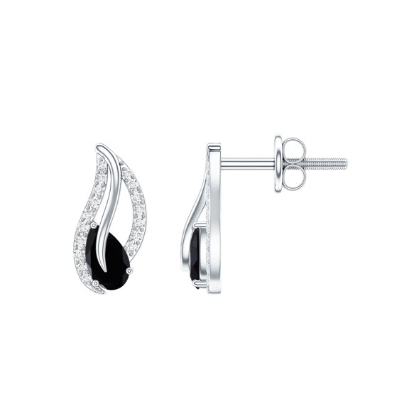 Natural Pear Shape Black Onyx and Moissanite Leaf Stud Earrings, 925 Sterling Silver