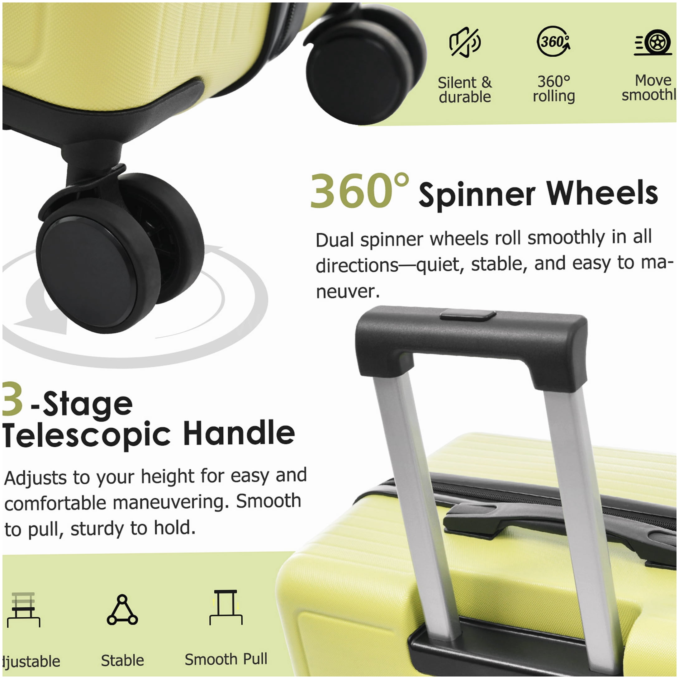 TSA Lock 3-Piece Hardside Spinner Luggage Set, Lightweight Tea Green ABS Suitcases for Men and Women