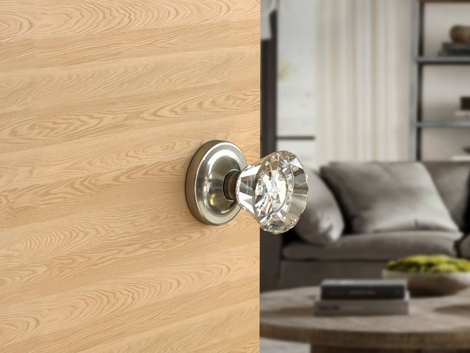 Passage Diamond Round Brilliant Crystal Door Knobs Satin Nickel Round Rosette