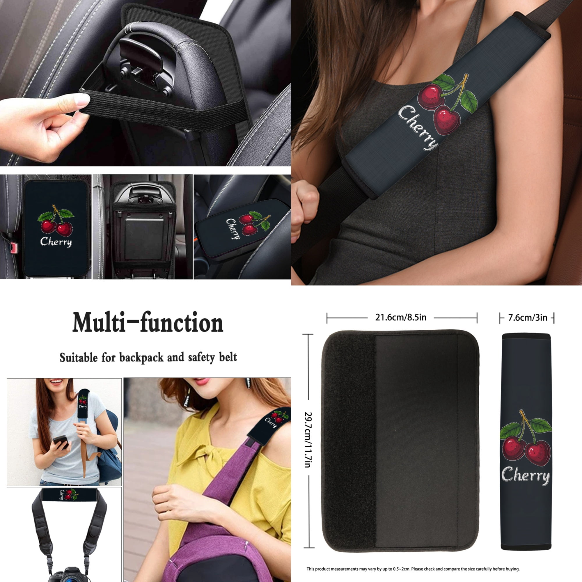 Jeiento Cute Cherry Car Seat Covers Full Set Auto Interior Accessories 13 Pcs Car Accessories with Steering Wheel Cover, Seat Belt Pads, Armrest Cover, Keychains, Lipstick Holder, Universal Fit