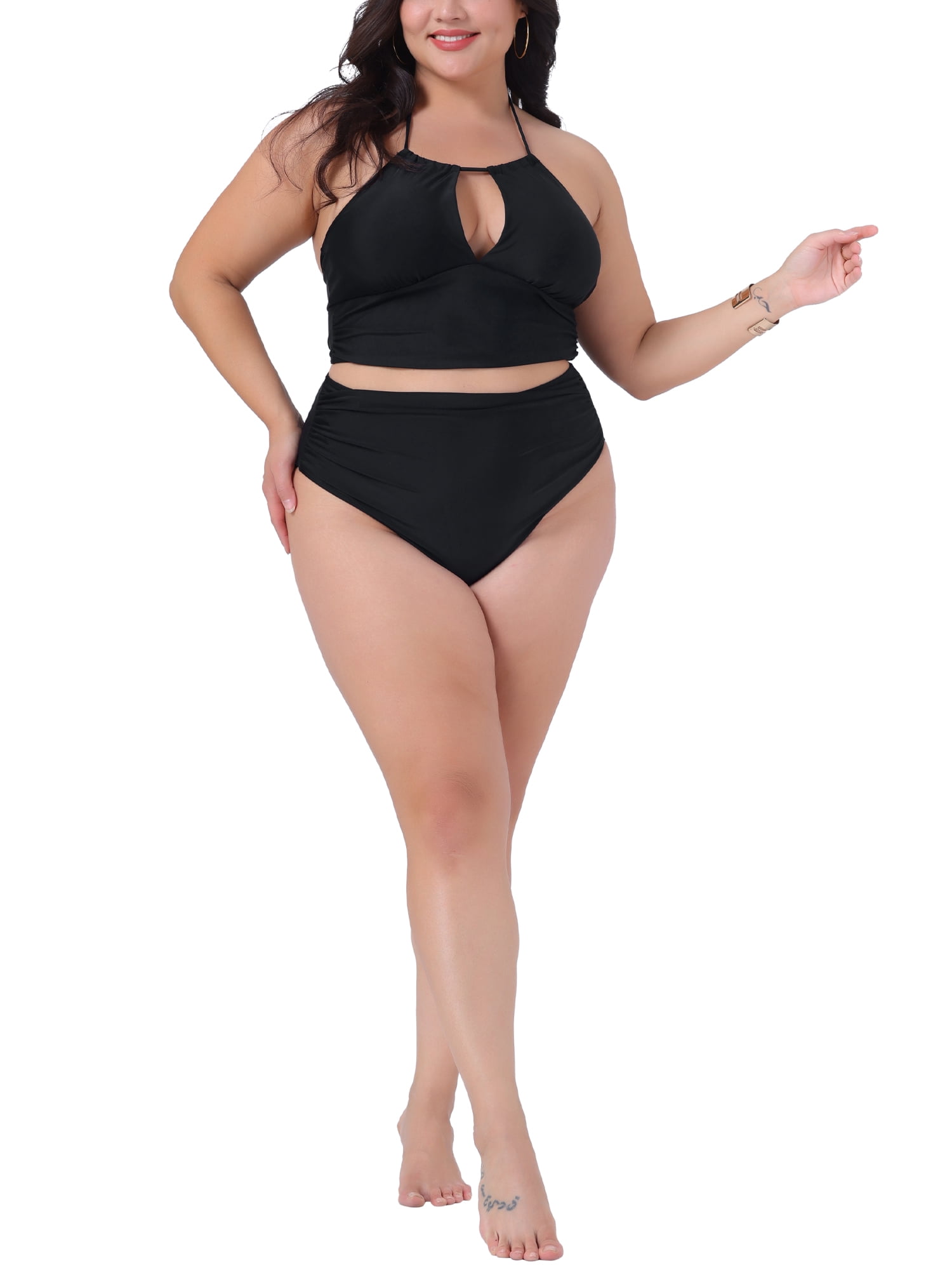 DARING DIVA Plus Size Halter Ruched Bathing Suit Set for Women 3X Black