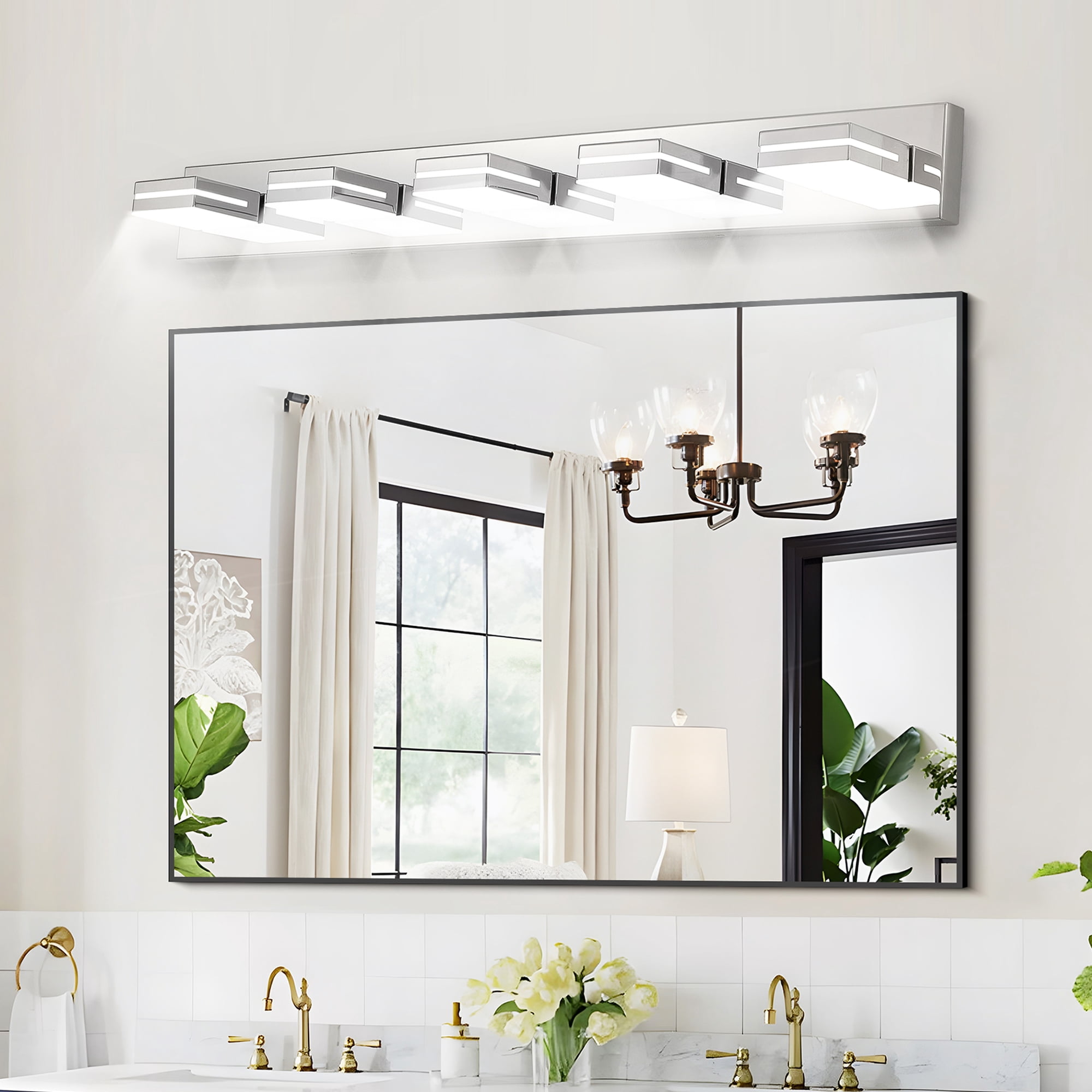 GCGAFUL 41 in. 5-Light Chrome Modern Dimmable Bathroom Vanity Light with 360° Rotatable Head, Wall Sconce for Bathroom and Mirror