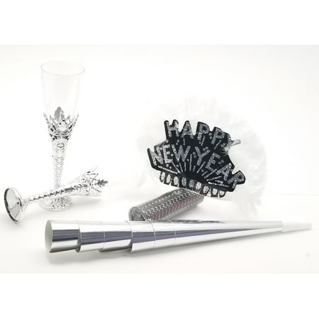 6 Ladies night New Years kit feather tiaras blowers confetti glasses - silver