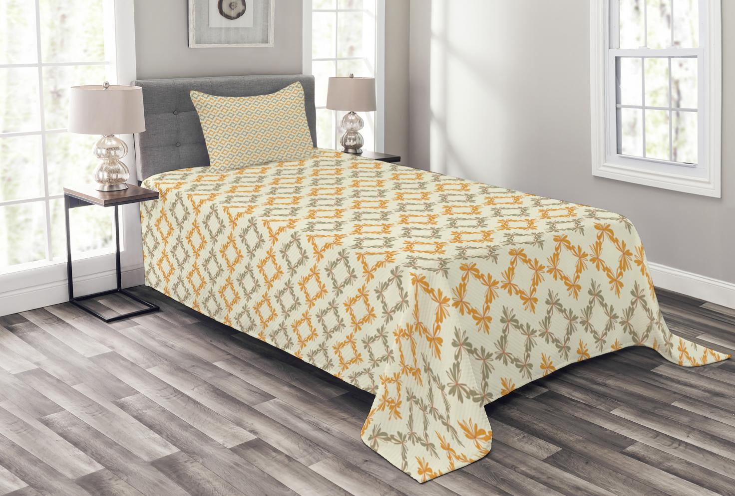 Geometric Bedspread Set Abstract Nature With Flowers Forms Squares Soft Elements Decorative Quilted Coverlet Pillow Shams