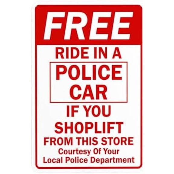 Free Ride In Police Car For Shoplift Warning Sign, Store Security Metal Signs for Business Home Outdoor Indoor Road Yard Garage Street Wall Safety Caution Custom Decor 8 x 12 Inch