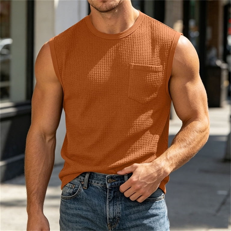 【山中拓也着用】MUZE Waffle HEM MESH tanktop YLSDY Men's Waffle Knit Sleeveless Crew Neck Tank Top with Pocket