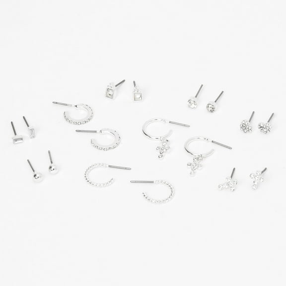 Claire's Silver Embellished Mixed Cross Earrings - 9 Pack