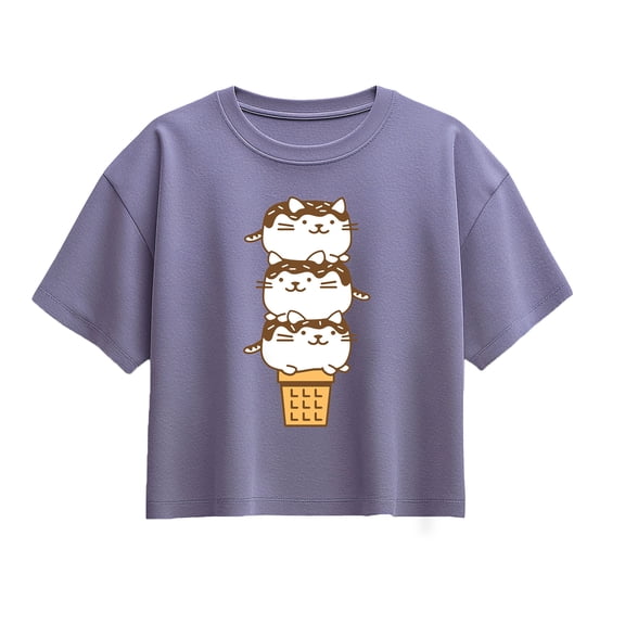 Instant Message - Kawaii Cat Ice Cream Cone Short Sleeve Boxy Graphic T-Shirt