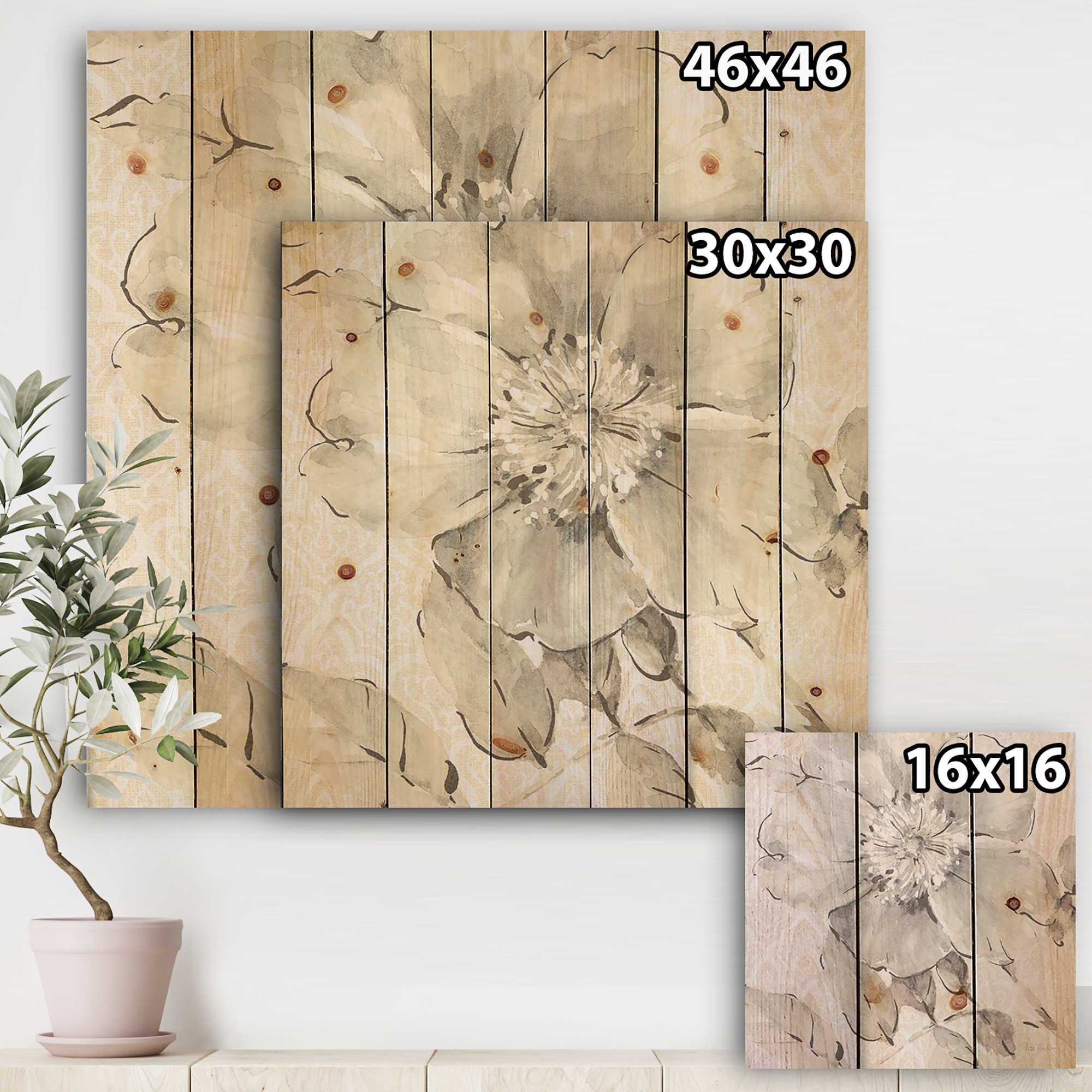 Designart 'Grey Indigold Peonies II' Farmhouse Print on Natural Pine Wood