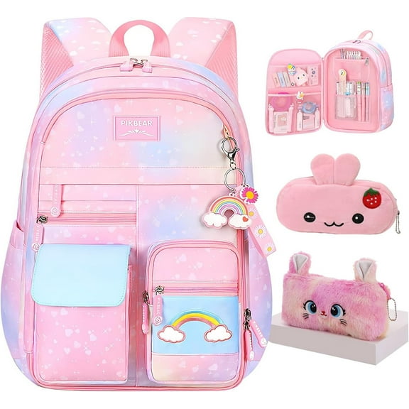 Rainbow Backpack, Cute Backpack With Pen Bag,Pink Aesthetic Starry Rainbow Laptop Travel Bag (Pink Medium 16.5in)