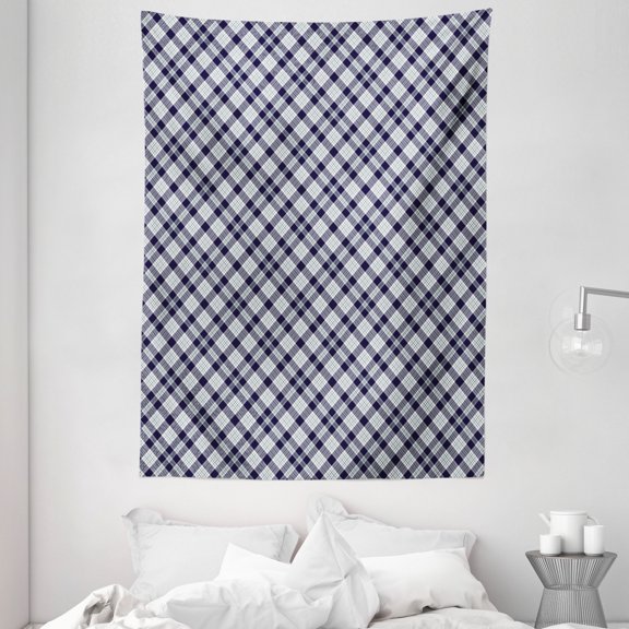 Navy Plaid Tapestry, Composition of Lines Simple Traditional Fashion Print, Wall Hanging for Bedroom Living Room Dorm Decor, 60W X 80L Inches, Dark Blue Grey Dark Sea Green White, by Ambesonne