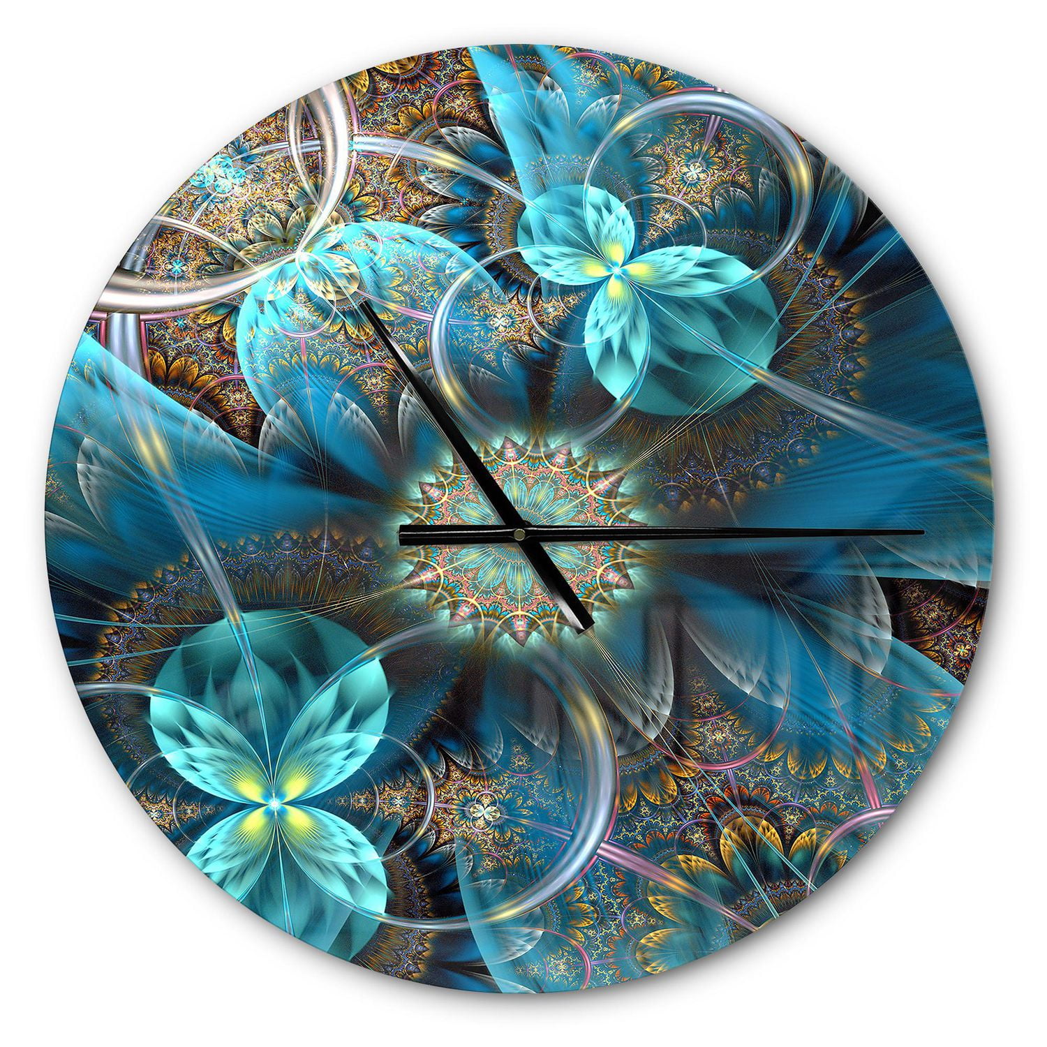 Designart 'Fractal Blue Flowers ' Modern wall clock