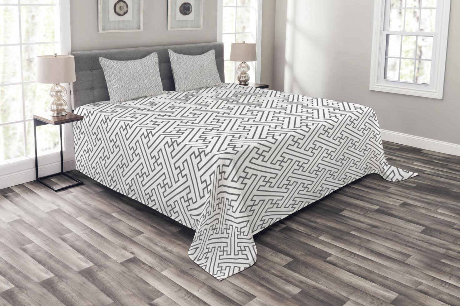 Grey and White Bedspread Set King Size, Minimalist Geometric Trippy