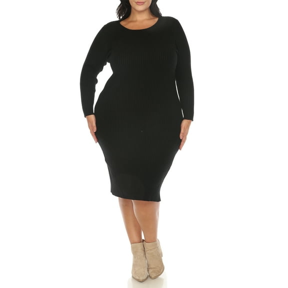 White Mark Women's Plus Size Long Sleeve Rib Midi Sweater Dress