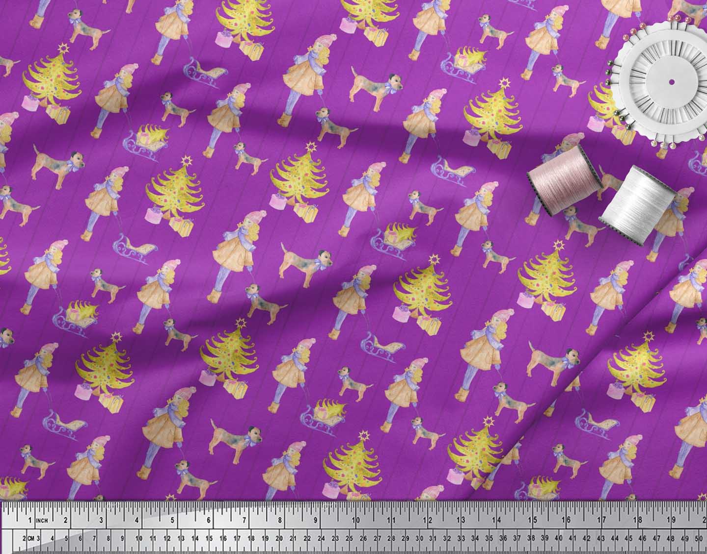 Soimoi Purple Rayon Crepe Fabric Women,Gift Box & Tree Christmas Print Fabric by the Yard 46 Inch Wide