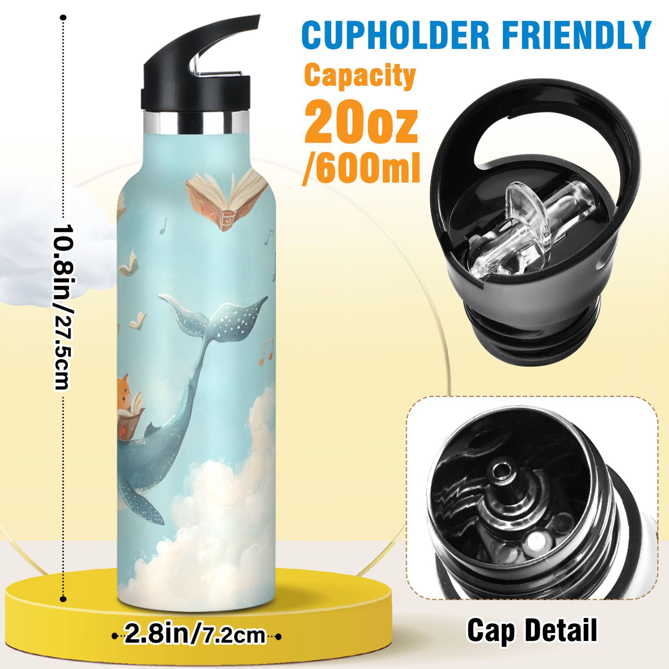 Kids Insulated Stainless Steel Sports Water Bottle 600ml (20oz) Fox and Whale Carrying Books
