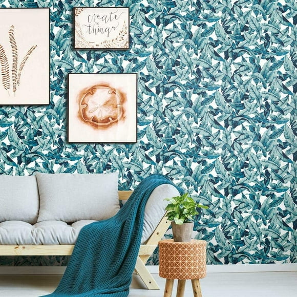 RMK11257WP Blue Palm Peel and Stick Wallpaper