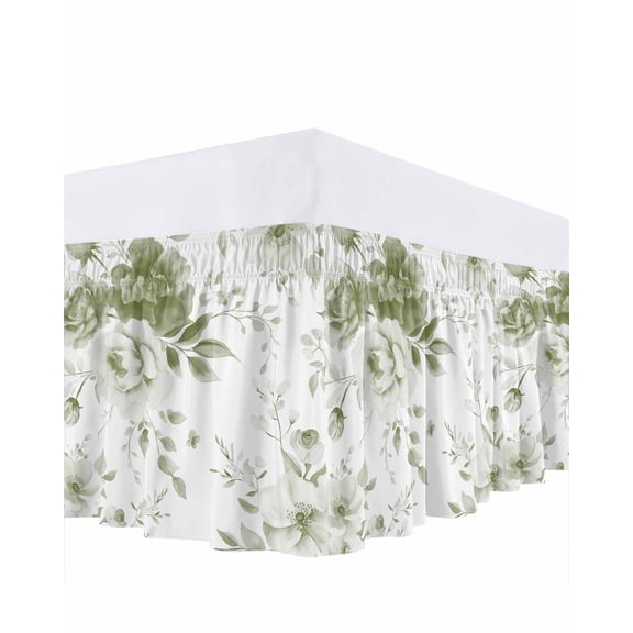 Sage Green Flower Bed Skirt King Size, Watercolor Gradient Retro Floral Wrap Around Bed Skirting with Adjustable Elastic Strap, Dust Ruffle Pleated Bedskirts 16 Inch Drop for Bedroom King Beds
