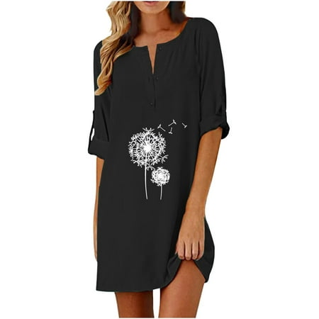 Fall Dresses for Women 2022 Women's Fashion Summer Casual Print Mid-Sleeve Round Neck Button Dress Maternity Dress Sweater Dress for Women Womens Dresses Clearance Sale Black XXL