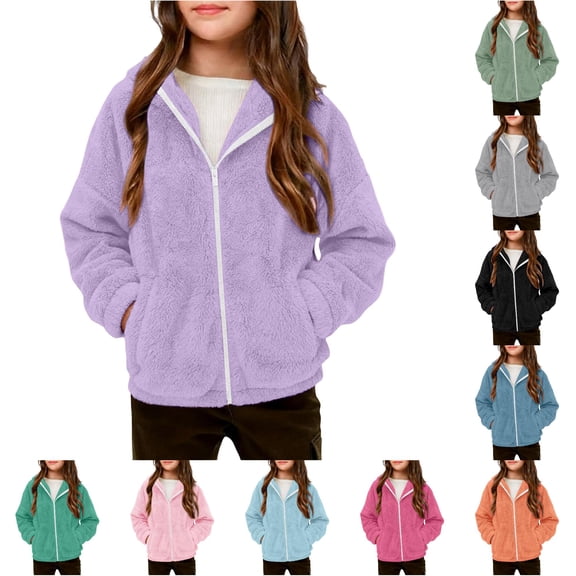 lnmuld Girls Solid Fuzzy Hooded Jacket Full Zip Front Long Sleeve with Pockets Warm Casual Outerwear Coat Light Purple,11-12 Years