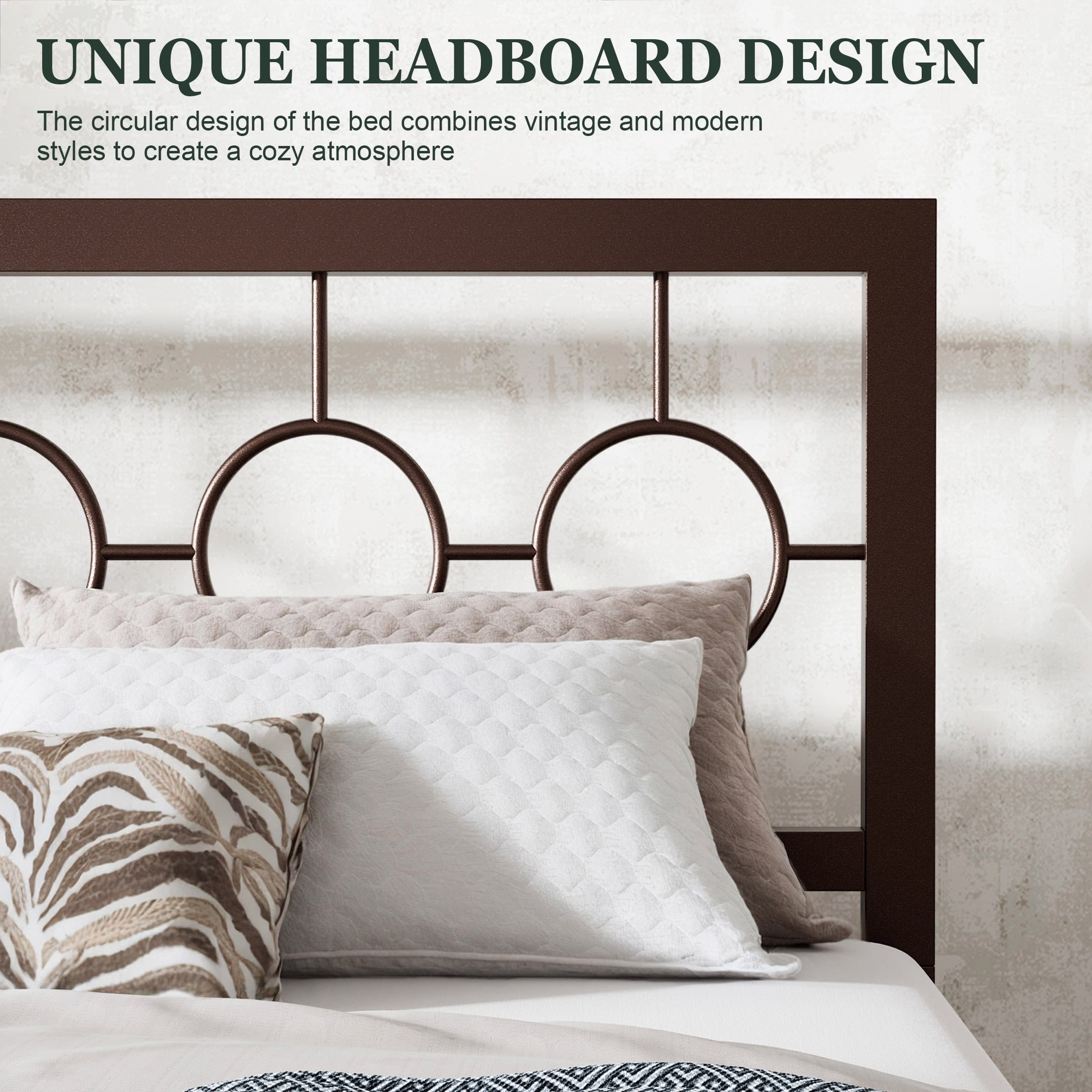 Sha Cerlin Brown King Size Metal Platform Bed Frame with Vintage Headboard & Footboard, Adult