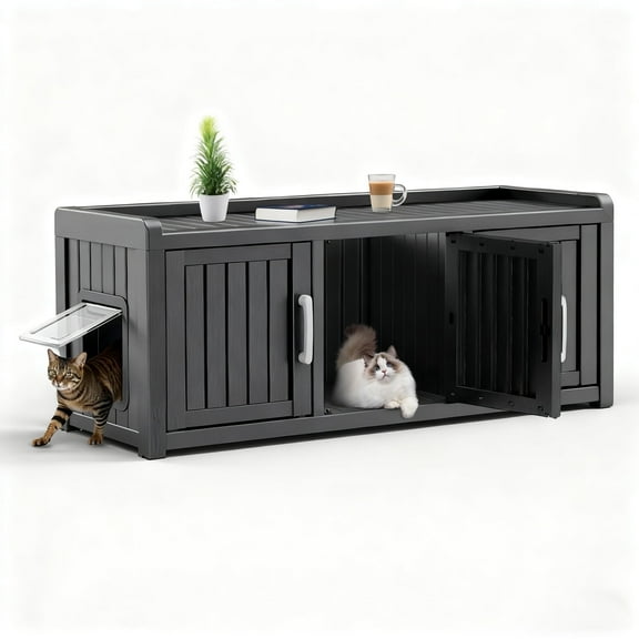 Decksplore Hidden Cat Litter Furniture (46.9"x17.6"x17.8"), HDPE Cat Cabinet, Three-Door, Cat Litter Box Storage for Bedroom, Courtyard (Black)