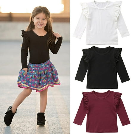 

Toddler Baby Girls Ruffle Long Sleeved T-Shirt Blouse Solid Cotton Basic Tees Top