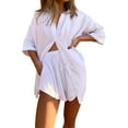 thumbnail image 3 of Caoirhny Women Casual Clothes Set Summer Solid Color 3/4 Sleeve Button-up Shirts Tops and Drawstring Shorts Outfits, 3 of 9