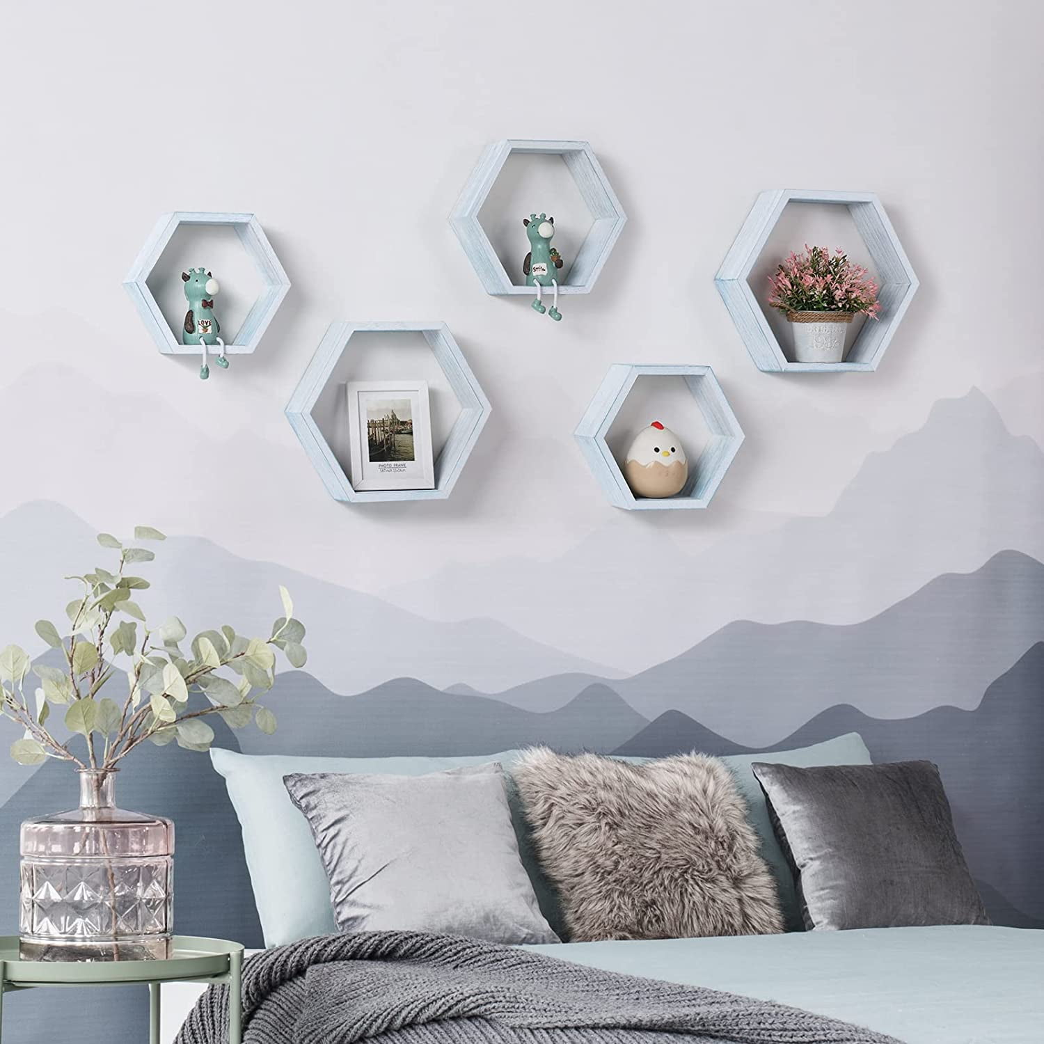 Oumilen 15.7” x 3.9” Blue White Hexagon Floating Shelves, Set of 6