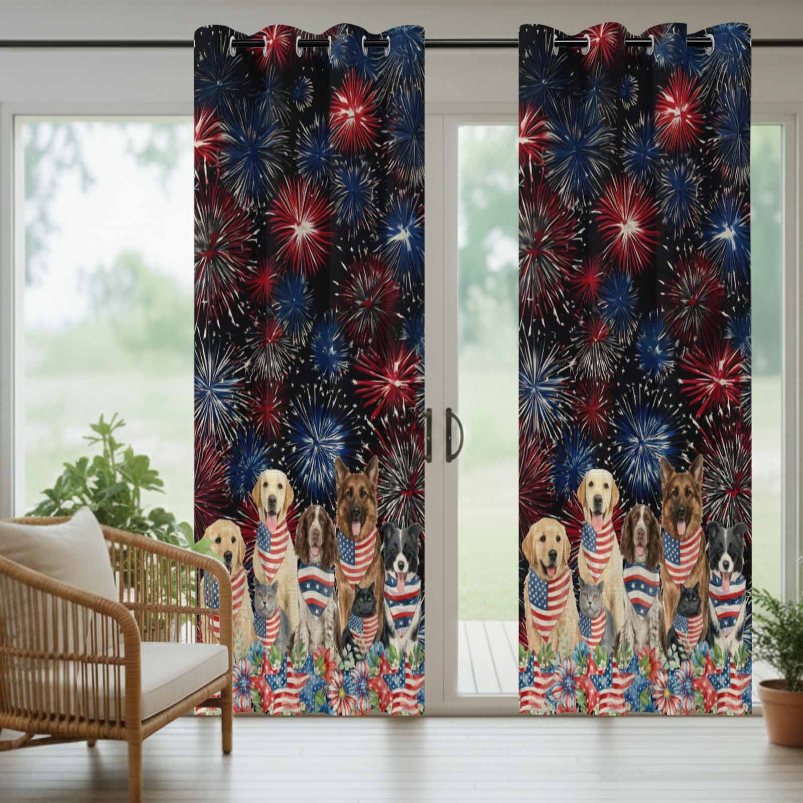 Independence Day Dog Cat Outdoor Curtains for Patio, Watercolor Red Blue Stripe Star Flag Firework Sunshade Privacy Drapes Grommet Waterproof Outside Curtains for Porch Balcony 54"x108", 1 Panel