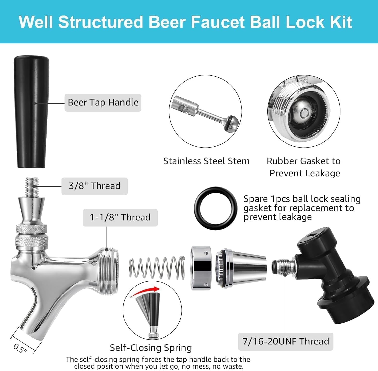 Ball Lock Beer Faucet Picnic Tap, Stainless Steel Core Self-Closing Keg Tap Chrome-Plated Brass with Quick Disconnect Party Corny