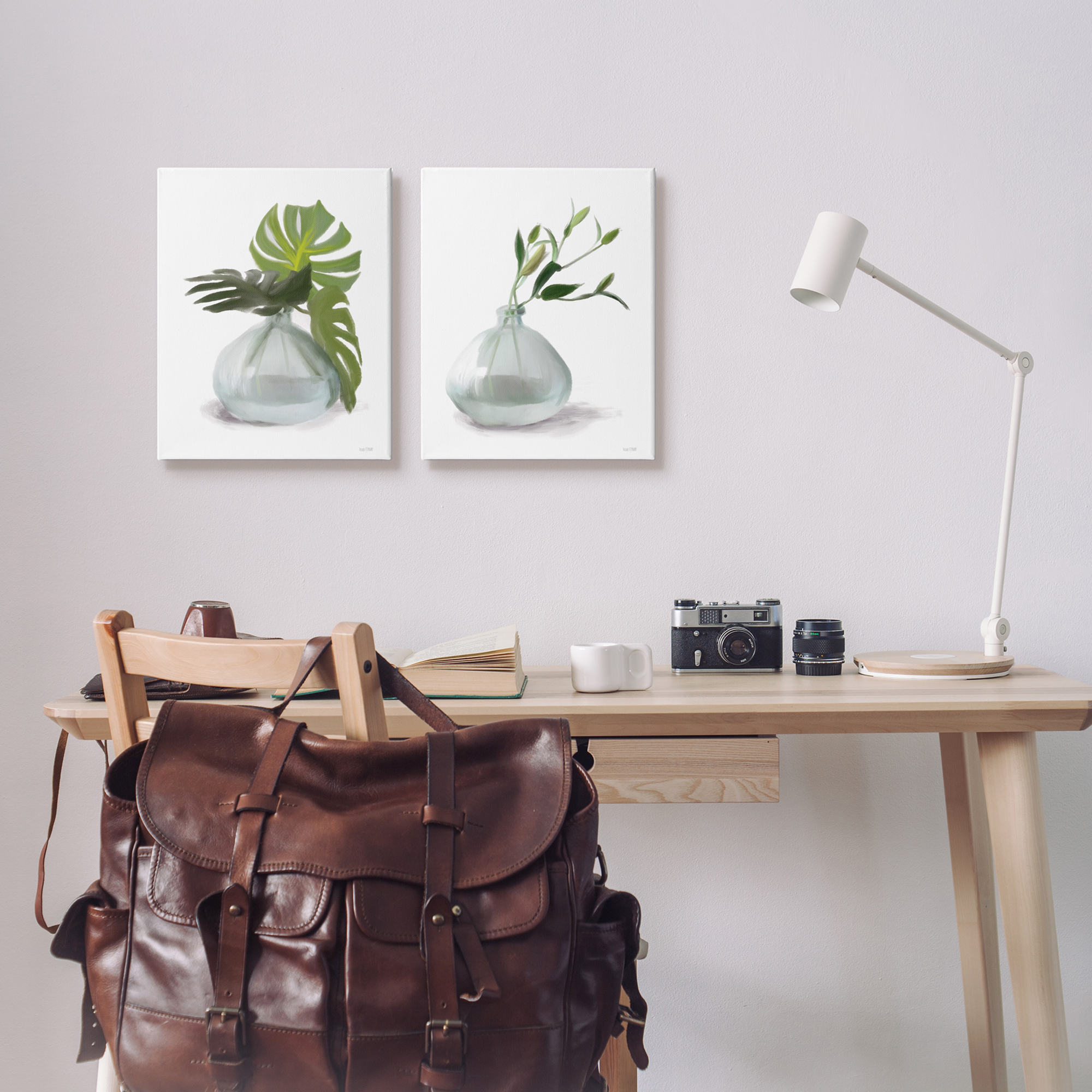 Stupell Simple Monstera Plant Leaf Sprigs Botanical & Floral Painting Gallery Wrapped Canvas Print Wall Art, Set of 2