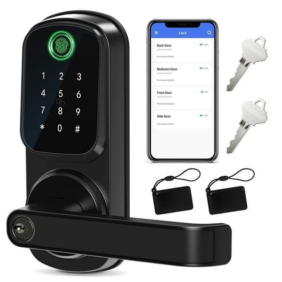 IRONZON Keyless Entry Door Lock with Handle, Smart Door Lock for Front Door 5-in-1 with APP Unlocking