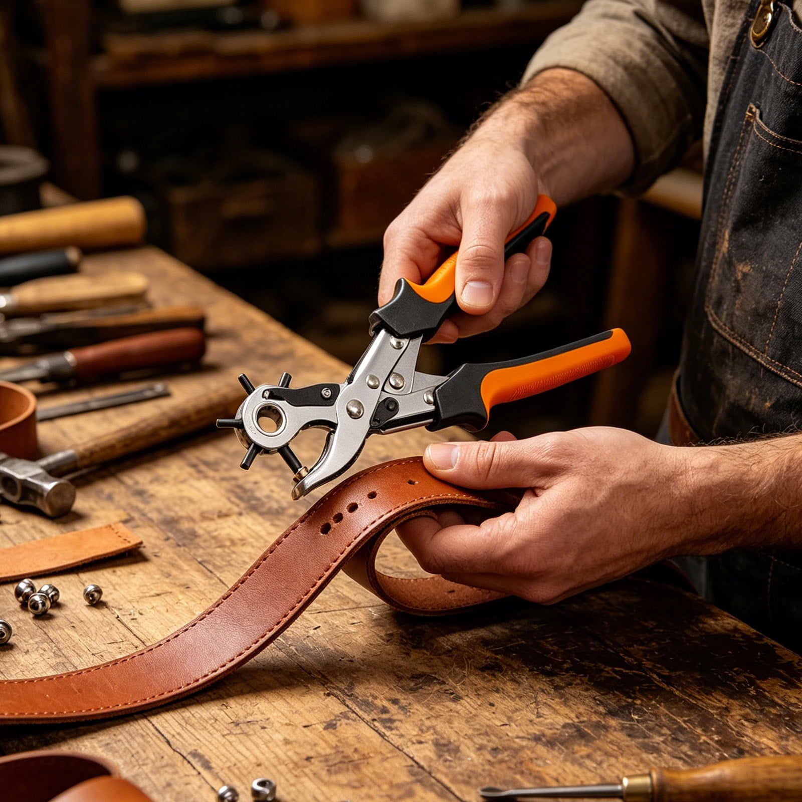 COM1950s Leather Hole Punch Tool, Revolving Belt Hole Puncher Plier with 6 Adjustable Sizes, Heavy Duty Hand Tool for Belts, Watch Bands, Leather Crafts, and Home Repair