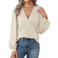 thumbnail image 2 of Fantaslook Deep V Neck Womens Tops Fall Long Puff Sleeve Shirts Dressy Casual Tunic Blouses, 2 of 8