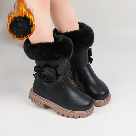 Hurxie Girls Snow Boots Kids Bungee Lacing Warm Faux Fur-Lined Anti-Slip Outdoor Winter Shoes Toddler/Little Kid/Big Kid Black 28