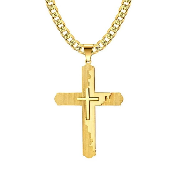 PAMTIER Unisex Stainless Steel Hip Hop Punk Irregular Three-Layer Stacking Cross Biker Pendant Faith Crucifix Necklace Gold with 23.6" Chain