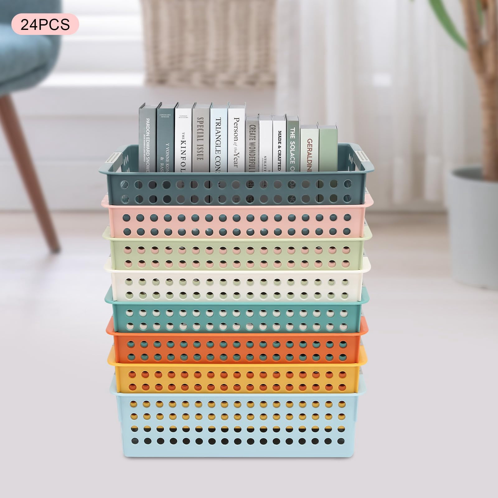 24 Pack Colorful Mesh Classroom Baskets, Classroom Storage Bin Book Basket- 11.8x8.5x3.3 Inch Stackable Storage Bins for School Supplies, Toys, Crafts, Organizer Bins for Papers, Books, Crayons