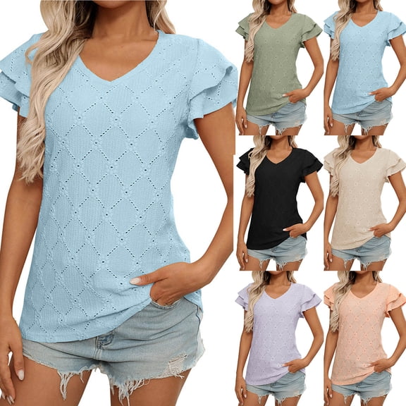 YHAJDS Women Tops Short Sleeve V Neck Solid Color Blouse with Cutout Detail and Double Sleeve Casual Top
