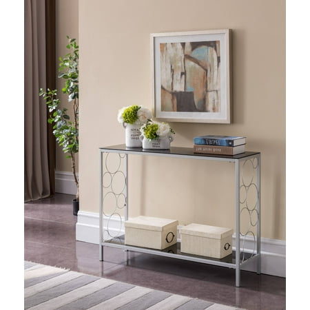 Metal Sofa Tables Rassy Modern Entryway 2 Tier Storage Console Sofa Side Table (Silver Metal Frame & Black Tempered Glass Top) ()