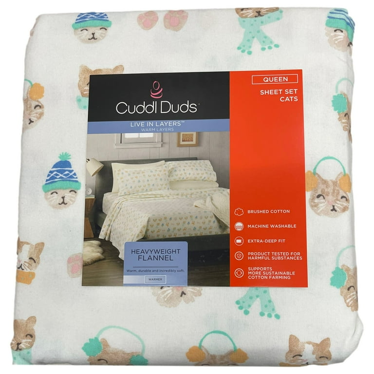 Cuddle Duds Flannel Sheet Set Winter Kitty Cats Queen Bed Sheets Bedding