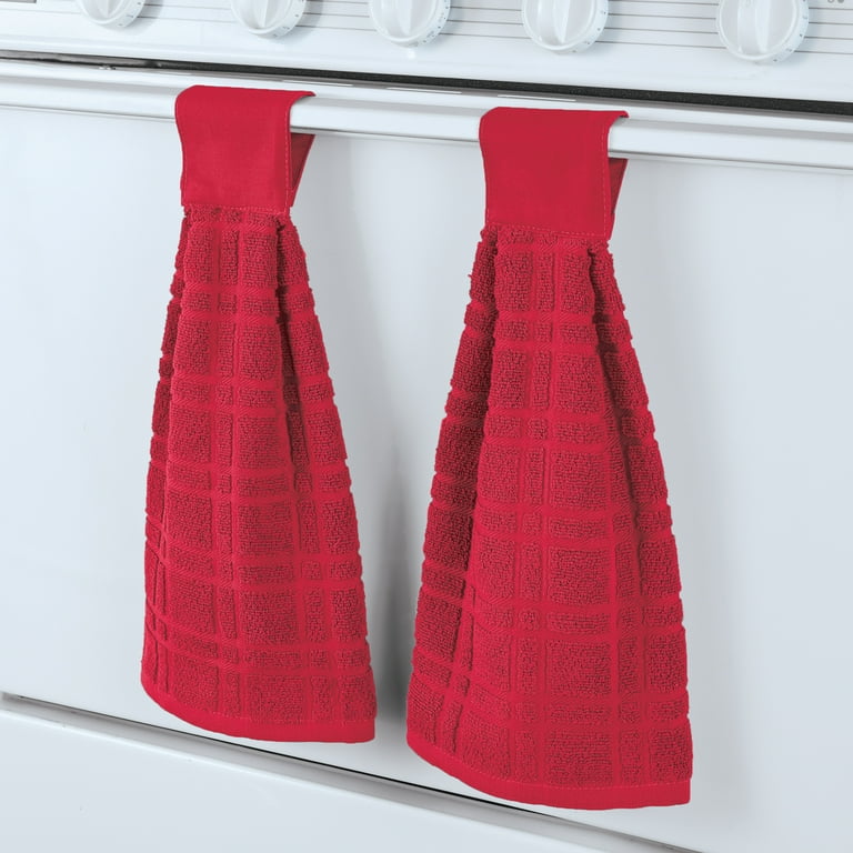 Collections Etc Hanging Tufted Design Kitchen Towels - Set of 2 Red
