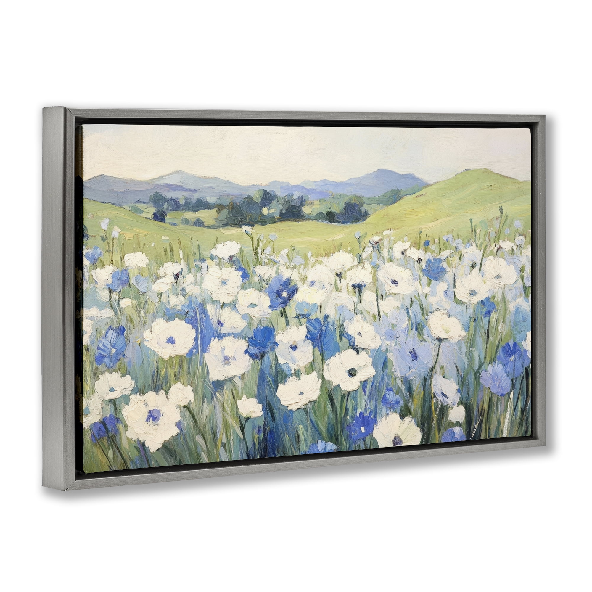 Stupell Industries Blue & White Daisies Gray Framed Floater Canvas Wall Art, design by Petal Prints Design