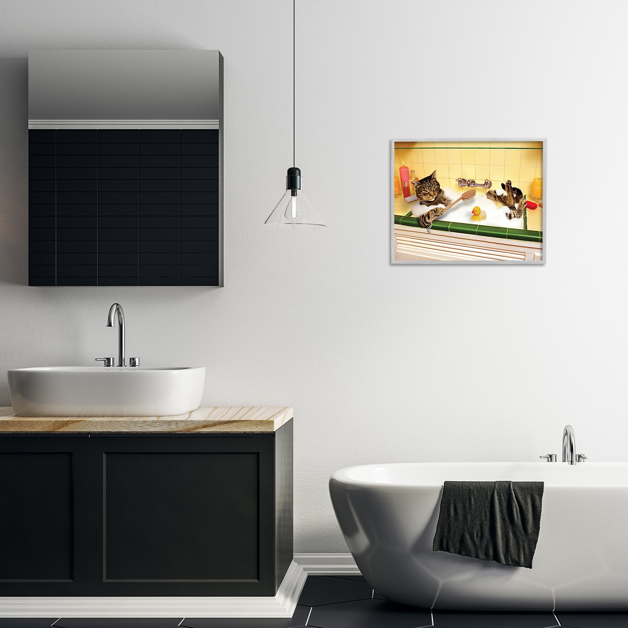 Stupell Industries Cat Bathing in Tub Typography Painting Gray Framed Art Print Wall Art, 20 x 16