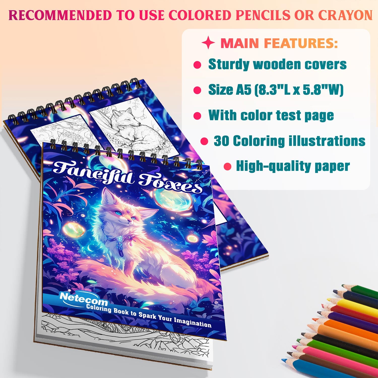 Netecom Fanciful Foxes Coloring Book Spiral Bound for Adults, A5 Wooden Cover, 30 Whimsical Coloring Pages of Wild Foxes for Stress Relief and Relaxation