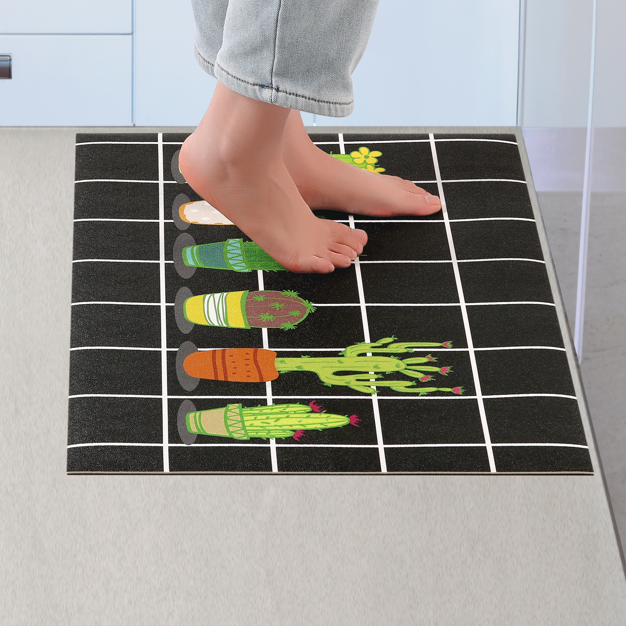 Unique Bargains Cactus Kitchen Rug Summer Farmhouse Decorations Black Pattern Runner Rugs Black 20" x 32"