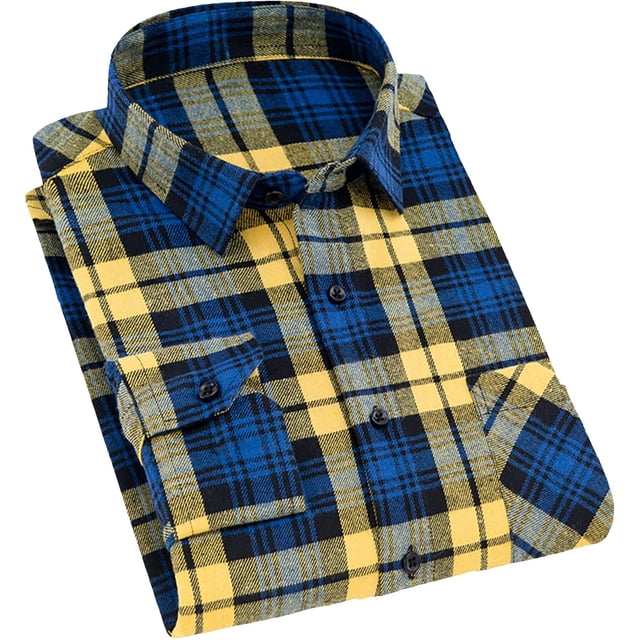 Camisa Cromoncent de franela a cuadros casual para hombre, amarillo y azul