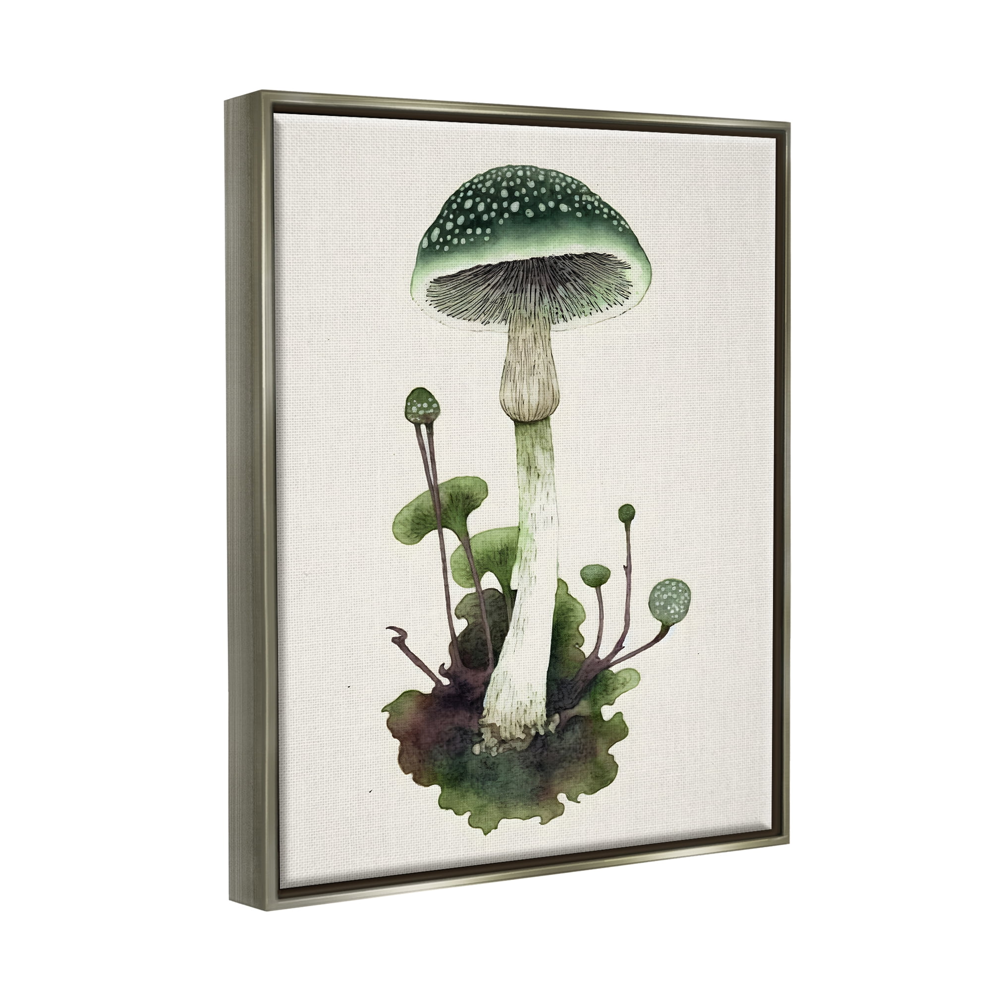Stupell Industries Forest Green Mushroom Botanical & Floral Painting Gray Floater Framed Canvas Art Print Wall Art, 17 x 21