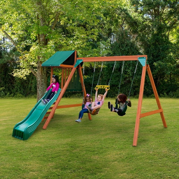 Gorilla Playsets Basic Swing Set with Two Swings, Trapeze Swing, and Slide