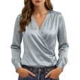 thumbnail image 3 of Zynoxe Long Sleeve Shirts for Women Lightweight Smooth Satin Womens Tops Fashion Versatile Solid Color V Neck Shirt Top Elegant Wrap Front Casual Blouse Business Casual Outfits 2XL, 3 of 10